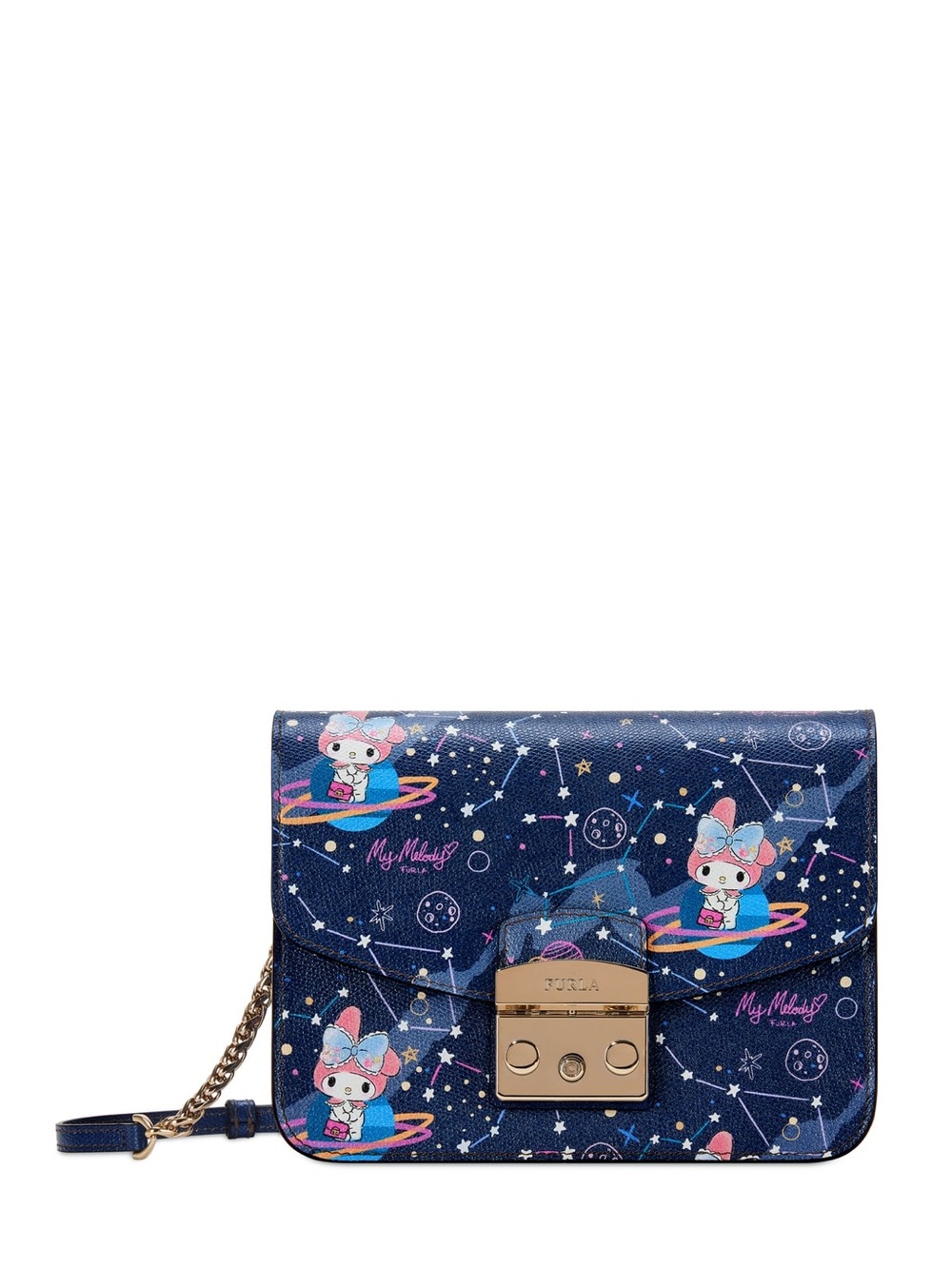 Furla x My Melody Dark Navy Printed Leather Crossbody with Gold Hardware